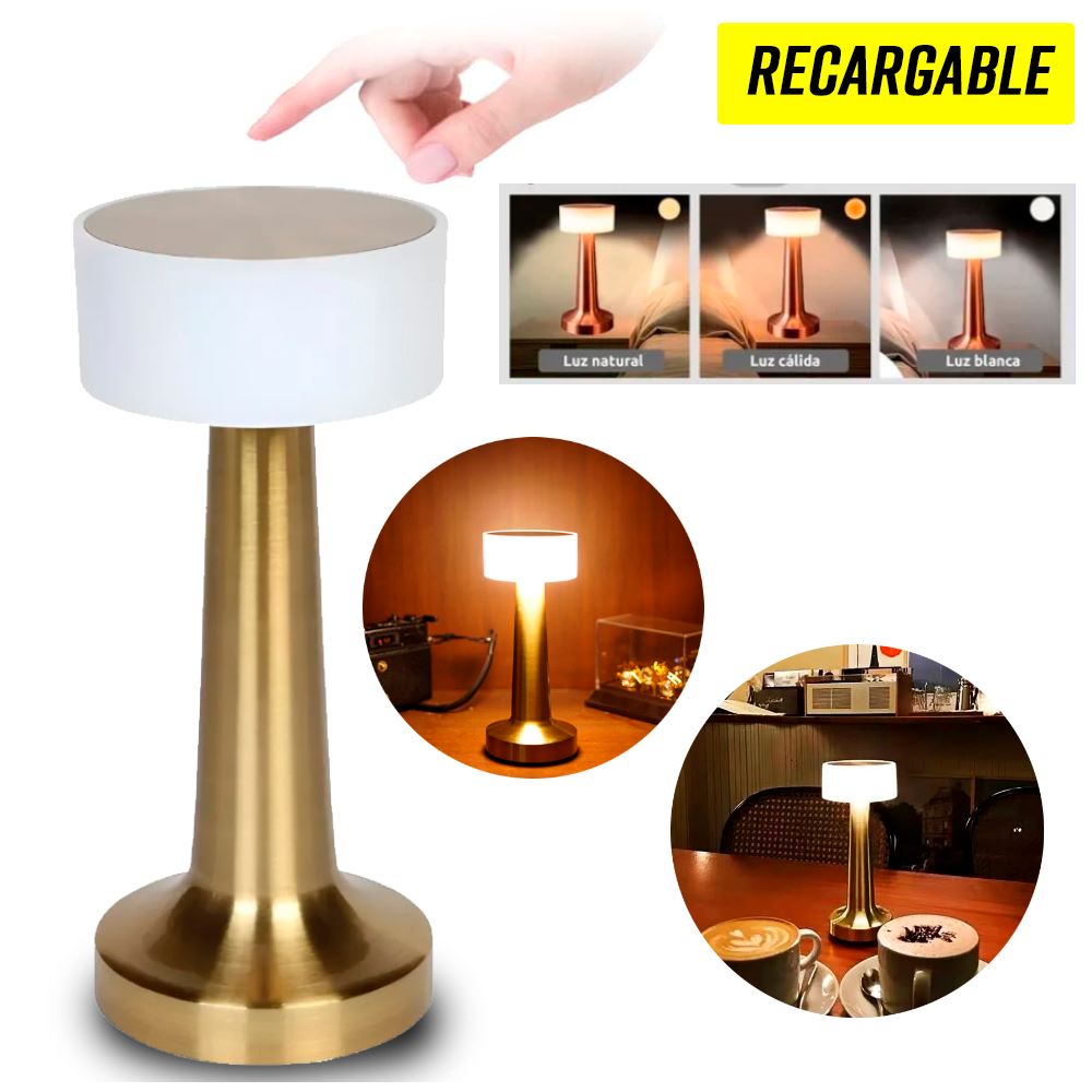 Lámpara Touch Elegante de Mesa Recargable Luz Cálida Fría Dorado